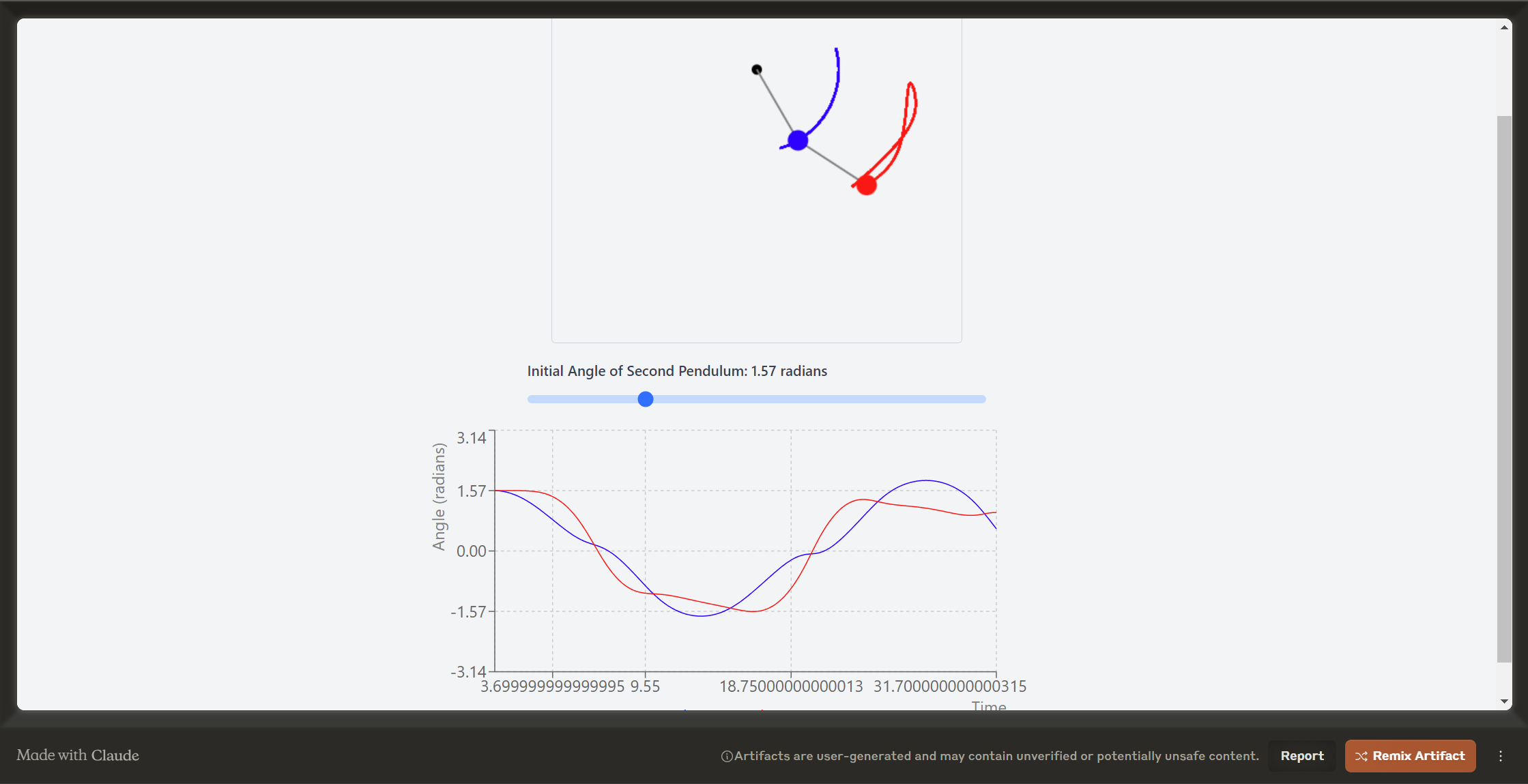 Explore a double pendulum physics simulator where adjusting the initial angle toggles between regular and chaotic motion. Give it a try!