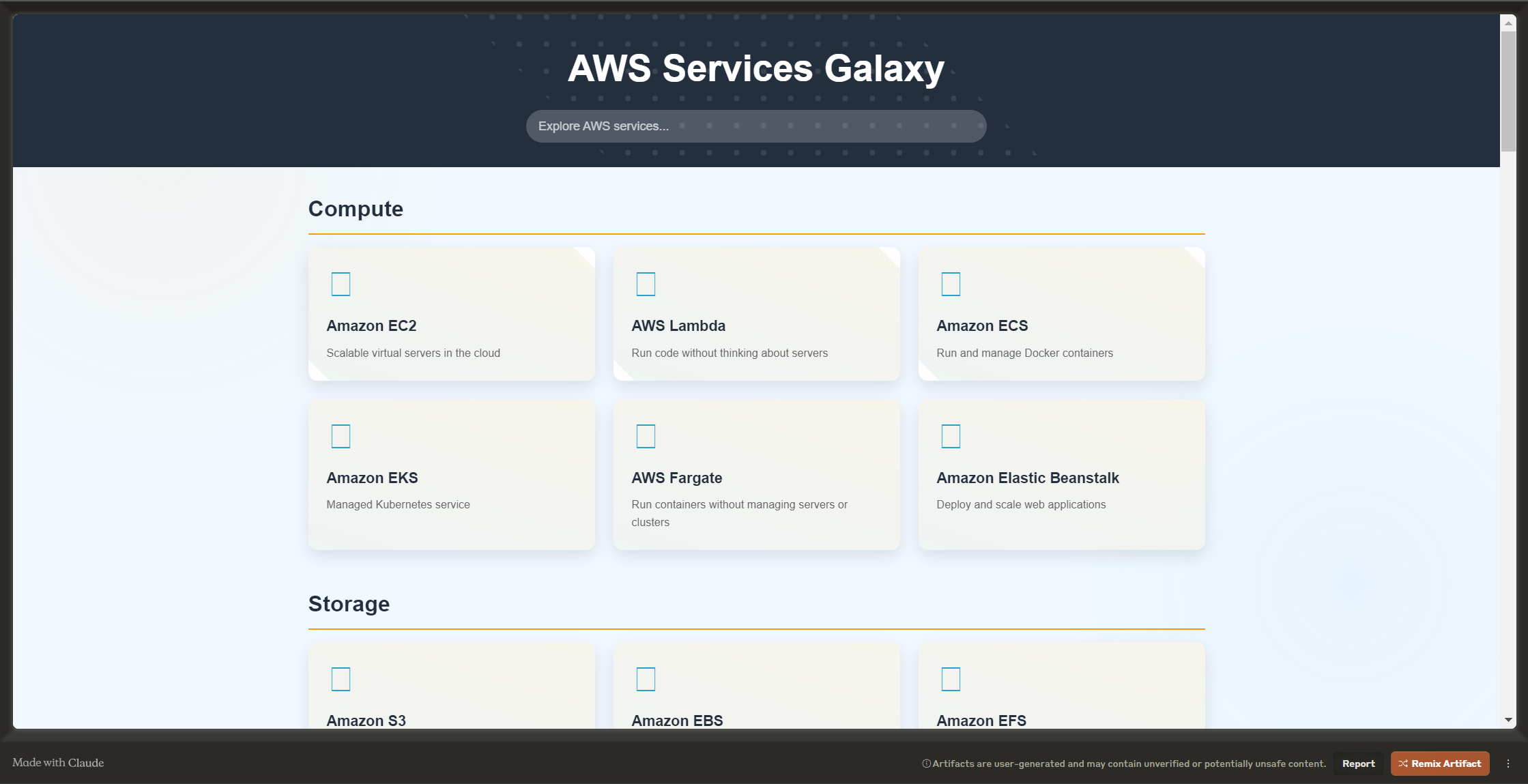 欢迎来到AWS Services Galaxy，您可以在其中探索为满足各种业务需求而量身定制的大量云解决方案。无论您是使用Amazon EC 2扩展虚拟服务器，还是使用AWS Lambda毫不费力地部署无服务器应用程序，AWS都提供可靠、灵活的计算选项。使用Amazon S3放心地存储和检索任意数量的数据，并通过Amazon ESB确保高性能，并通过Amazon FSG确保可扩展文件存储。使用Amazon RDS和DynamoDB轻松管理关系数据库，同时使用AWS ILM保护您的应用程序并使用AWS WAF过滤网络流量。使用Amazon CloudWatch监控资源，使用AWS CloudTrail跟踪用户活动，并使用AWS CodePipeline简化开发。使用Amazon SageMaker深入研究机器学习，使用Amazon Kinesis实时分析数据，并使用Amazon QuickSight获取见解。AWS为企业提供工具来无缝地创新、扩展和保护云中的应用程序。