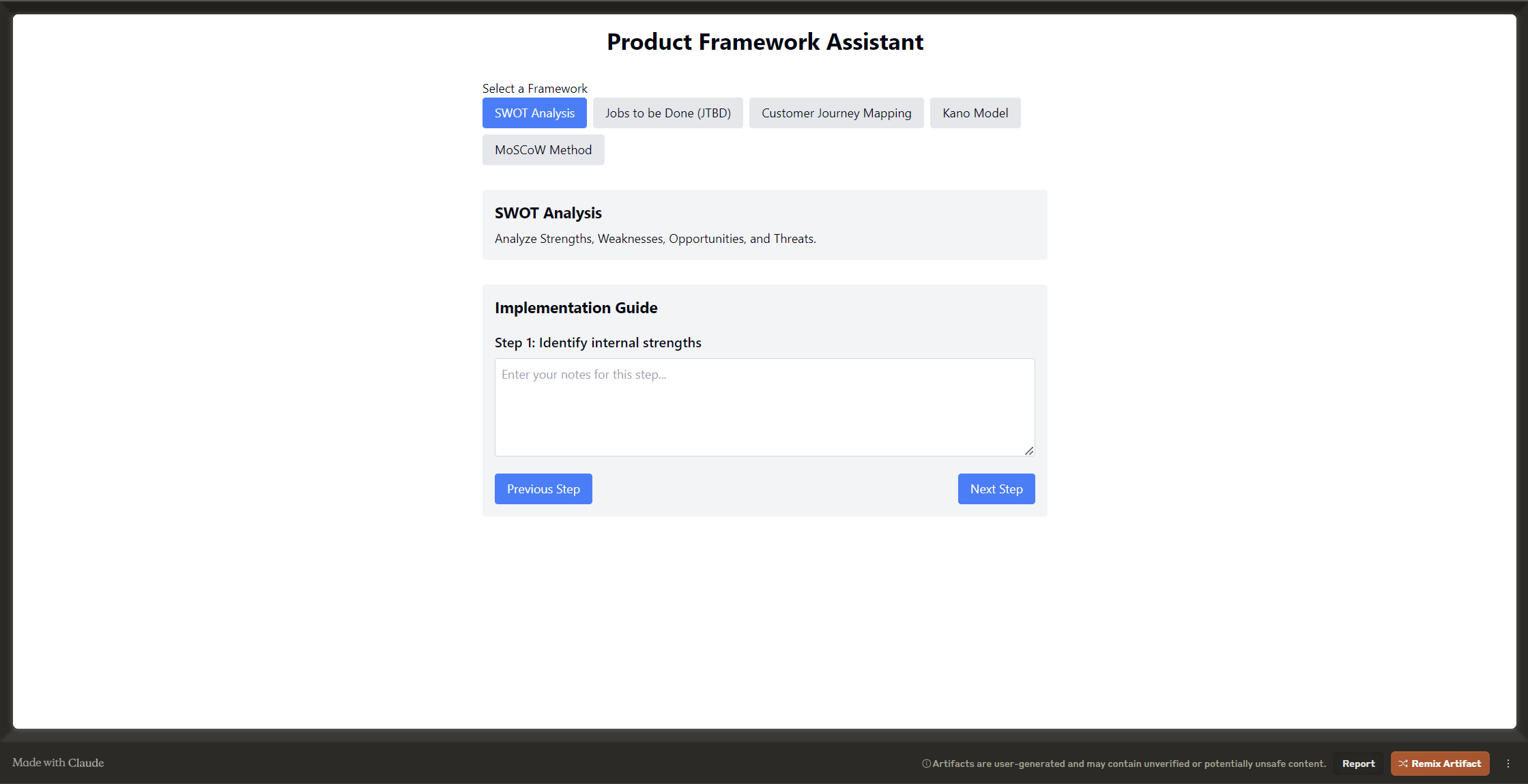 Unser Product Framework Assistant bietet umfassende Werkzeuge und Ressourcen, mit denen Sie das richtige Framework für Ihre Geschäftsanforderungen effektiv wählen können. Mit Hilfe von Tools wie SWOT-Analyse, Jobs to be Done (JTBD), Customer Journey Mapping, Kano-Modell und der MoSCoW-Methode unterstützen wir eine gründliche Analyse der internen Stärken und Schwächen Ihres Produkts und identifizieren gleichzeitig Chancen und Bedrohungen. Der Implementierungsleitfaden bietet einen klaren Schritt-für-Schritt - Ansatz, beginnend mit der Identifizierung interner Stärken, um einen systematischen Weg zur erfolgreichen Framework-Auswahl und - Optimierung zu gewährleisten.