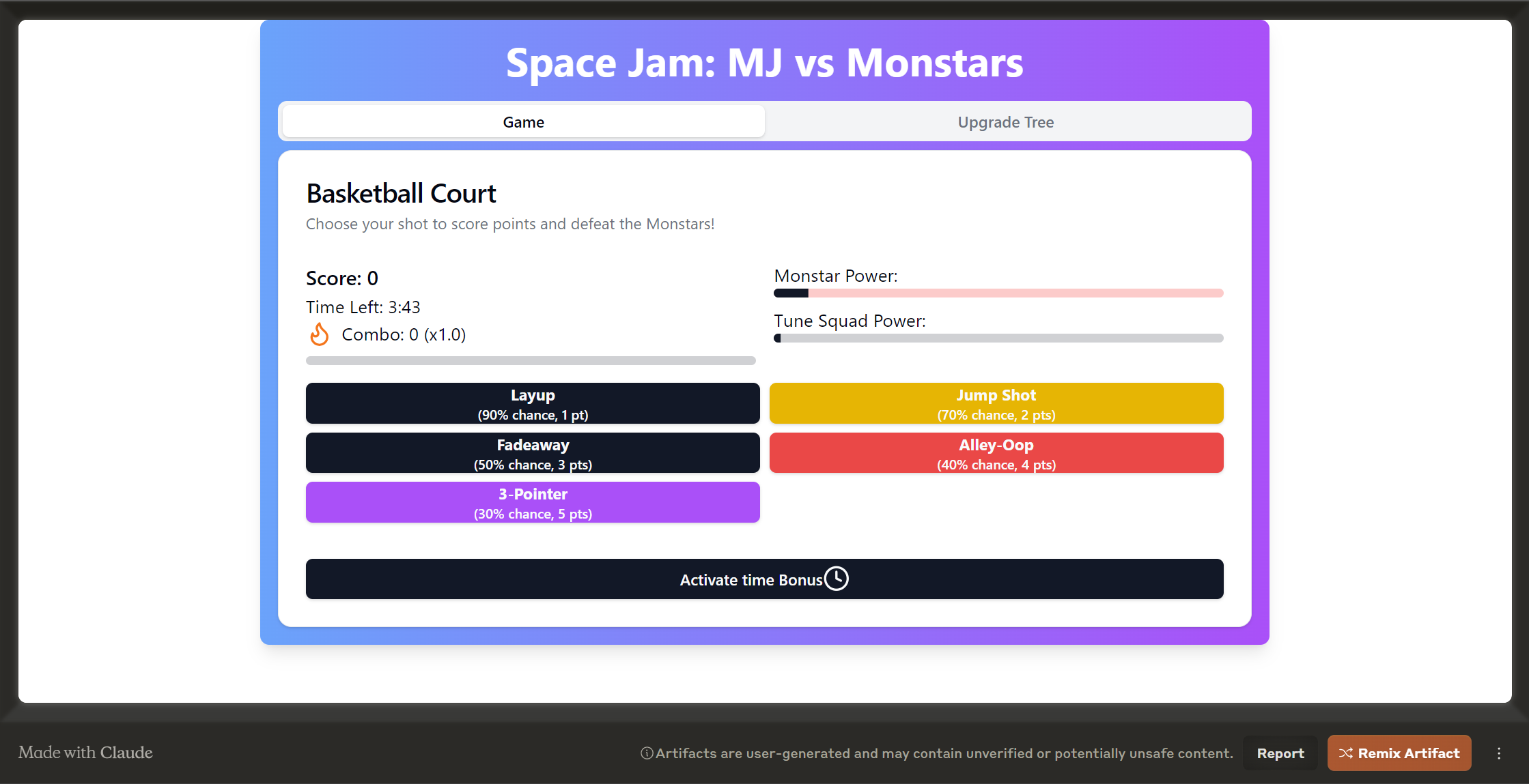 Explore o emocionante mundo de Space Jam: MJ vs Monstars Game onde você domina a quadra de basquete! Estratégia com a nossa árvore de atualização para otimizar sua jogabilidade, escolhendo entre Layup para pontos consistentes ou ousado Alley-Oop para o máximo impacto. Acumule pontos contra os Monstros usando suas habilidades em Jump Shots e Fadeaways, cada tiro oferecendo diferentes chances e recompensas de pontos. Acompanhe o seu progresso com atualizações em tempo real nos multiplicadores Score, Time Left e Combo. Libere o Poder do Esquadrão Tune e o Poder Monstar para elevar o seu jogo e alcançar a vitória. Prepare-se para experimentar ação emocionante de basquete e superar os Monstros neste desafio de alto risco!