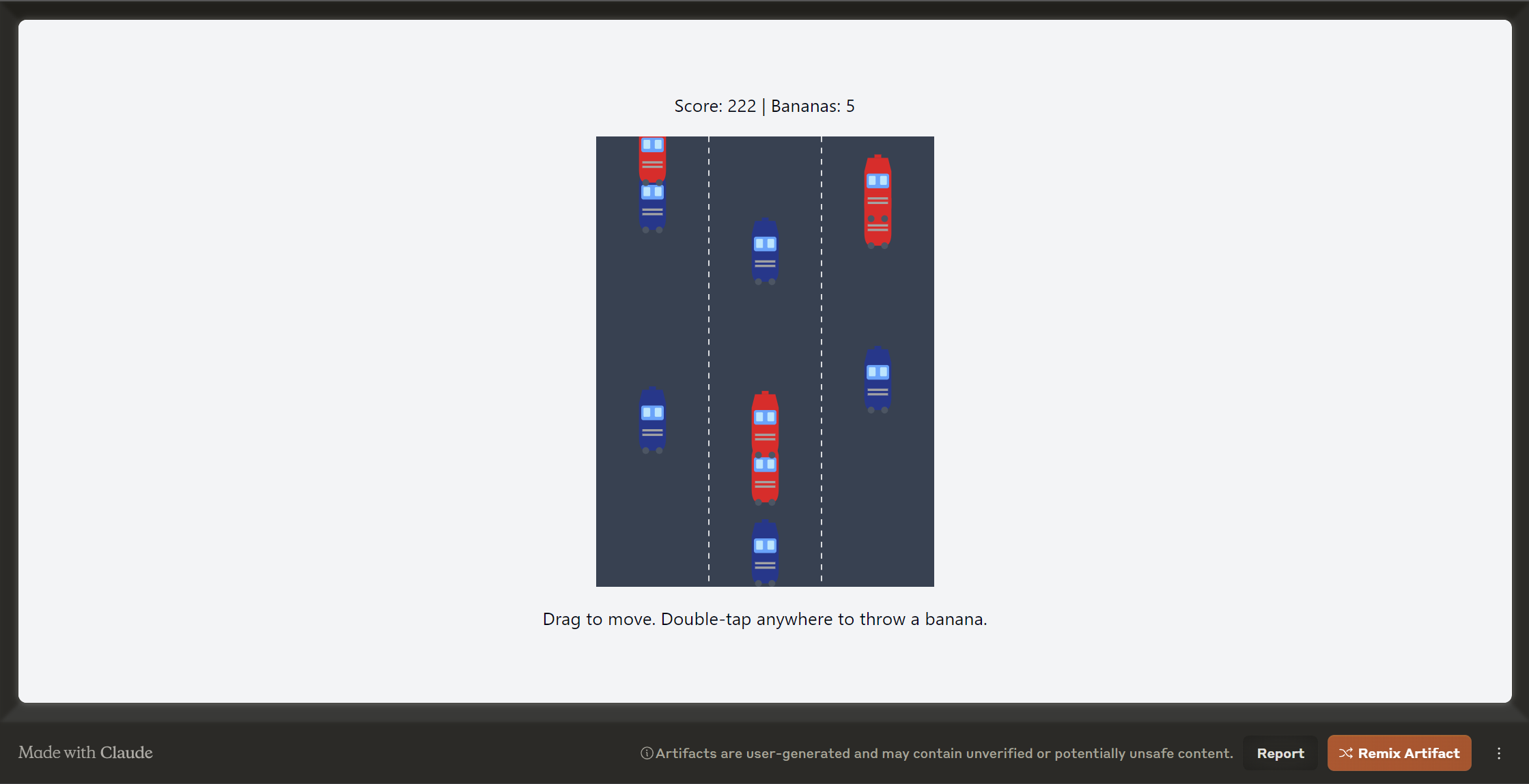 Genießen Sie ein süchtig machendes kleines Spiel, bei dem die Spieler ihr Auto nach links und rechts manövrieren, um dem entgegenkommenden Verkehr auszuweichen. Je länger Sie Kollisionen vermeiden, desto höher steigt Ihre Punktzahl. Herausfordern Sie Ihre Reflexe und streben Sie nach den höchsten Punkten in diesem spannenden Arcade-Abenteuer!