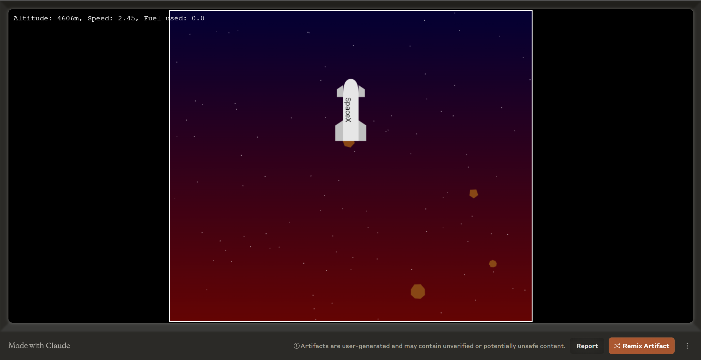 Plongez dans l'exaltant « Space X Landed Game » où vous pourrez expérimenter le frisson de contrôler les atterrissages de fusées en temps réel. Cette simulation interactive permet aux joueurs de maîtriser la précision des missions spatiales tout en explorant des défis dynamiques. Testez vos compétences en naviguant dans les différentes étapes de descente et d'atterrissage, tout en profitant de graphismes époustouflants et de gameplay immersif. Embarquez dans un voyage d'exploration spatiale comme jamais auparavant avec 'Space X Landed Game' !