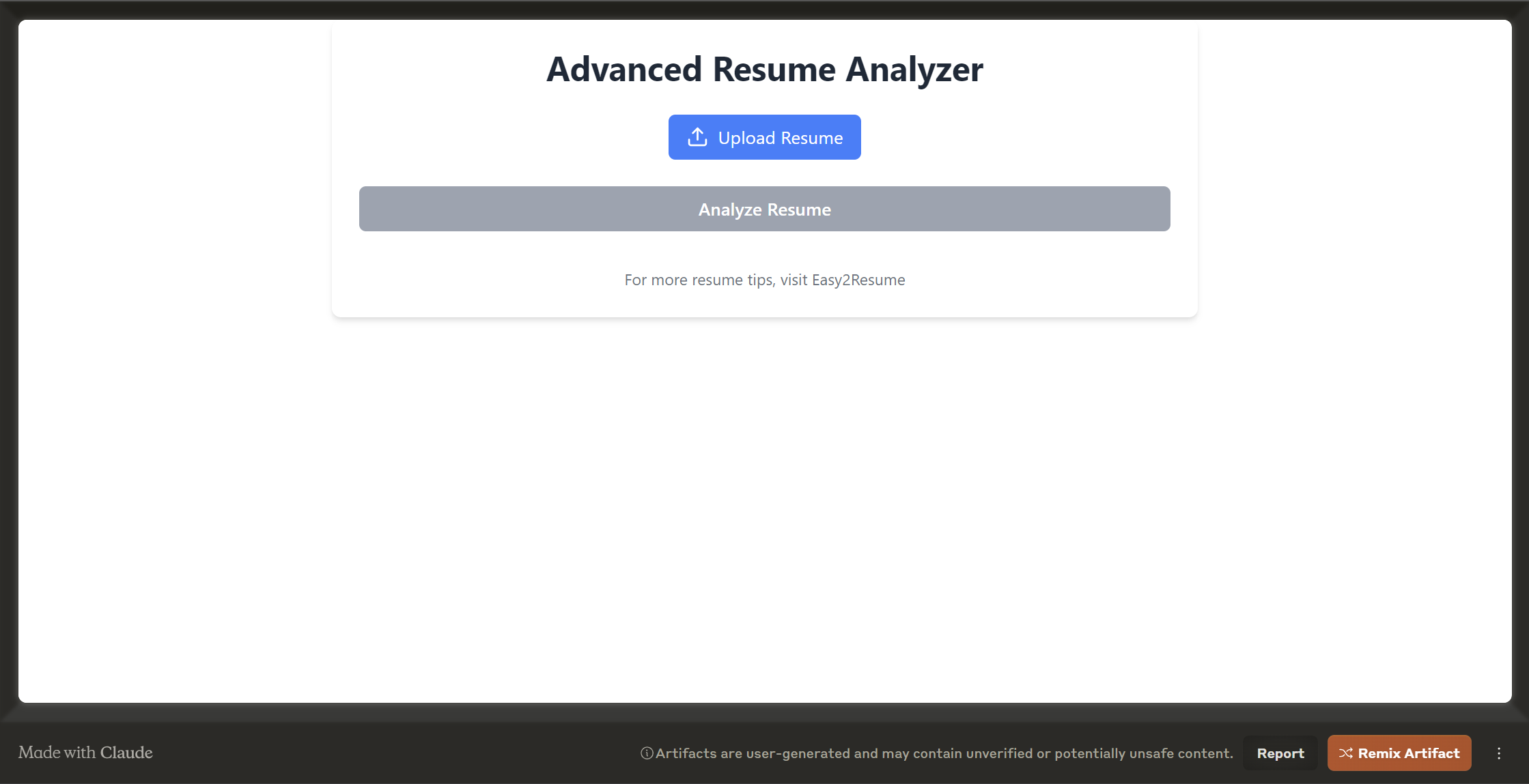 Advanced Resume Analyzer est votre outil ultime pour optimiser les CV pour améliorer les perspectives d'emploi. Notre logiciel de pointe analyse votre curriculum vitae par rapport aux indicateurs clés que les recruteurs donnent la priorité, ce qui garantit que votre document se démarque. Avec Advanced Resume Analyzer, vous recevrez des suggestions réalisables pour améliorer la clarté du contenu, la pertinence des mots clés et la précision de la mise en forme, le tout adapté aux normes actuelles de l'industrie. Améliorez votre CV aujourd 'hui avec Advanced Resume Analyzer et débloquez de nouvelles opportunités de carrière sans effort.