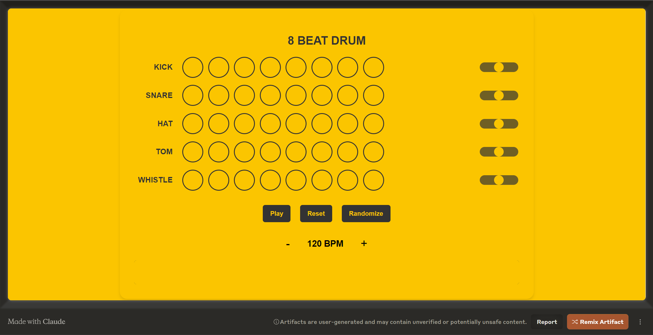 Entdecken Sie den ultimativen Rhythmus mit 8 BEAT DRUM - Ihrer Online-Drummaschine mit KICK, SNARE, HAT, TOM und WISTLE-Sounds. Spielen, zurücksetzen oder randomisieren Sie Schläge mühelos bei 120 BPM für nahtlose Musikerschaffung. Freisetzen Sie Ihr musikalisches Potenzial mit 8 BEAT DRUM noch heute!