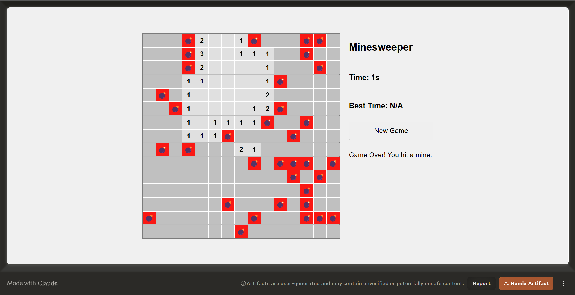 Tauchen Sie ein in das klassische Minesweeper-Spiel, ein zeitloses Puzzle, in dem Strategie auf Zufall trifft. Herausfordern Sie sich mit unterschiedlichen Schwierigkeitsstufen, während Sie strategisch versteckte Minen entdecken. Minesweeper bietet einen aufregenden Test der Logik und Deduktion, perfekt für die Schärfung Ihres Verstandes und genießen Sie ein nostalgisches Spielerlebnis. Entdecken Sie die Spannung von Minesweeper noch heute!