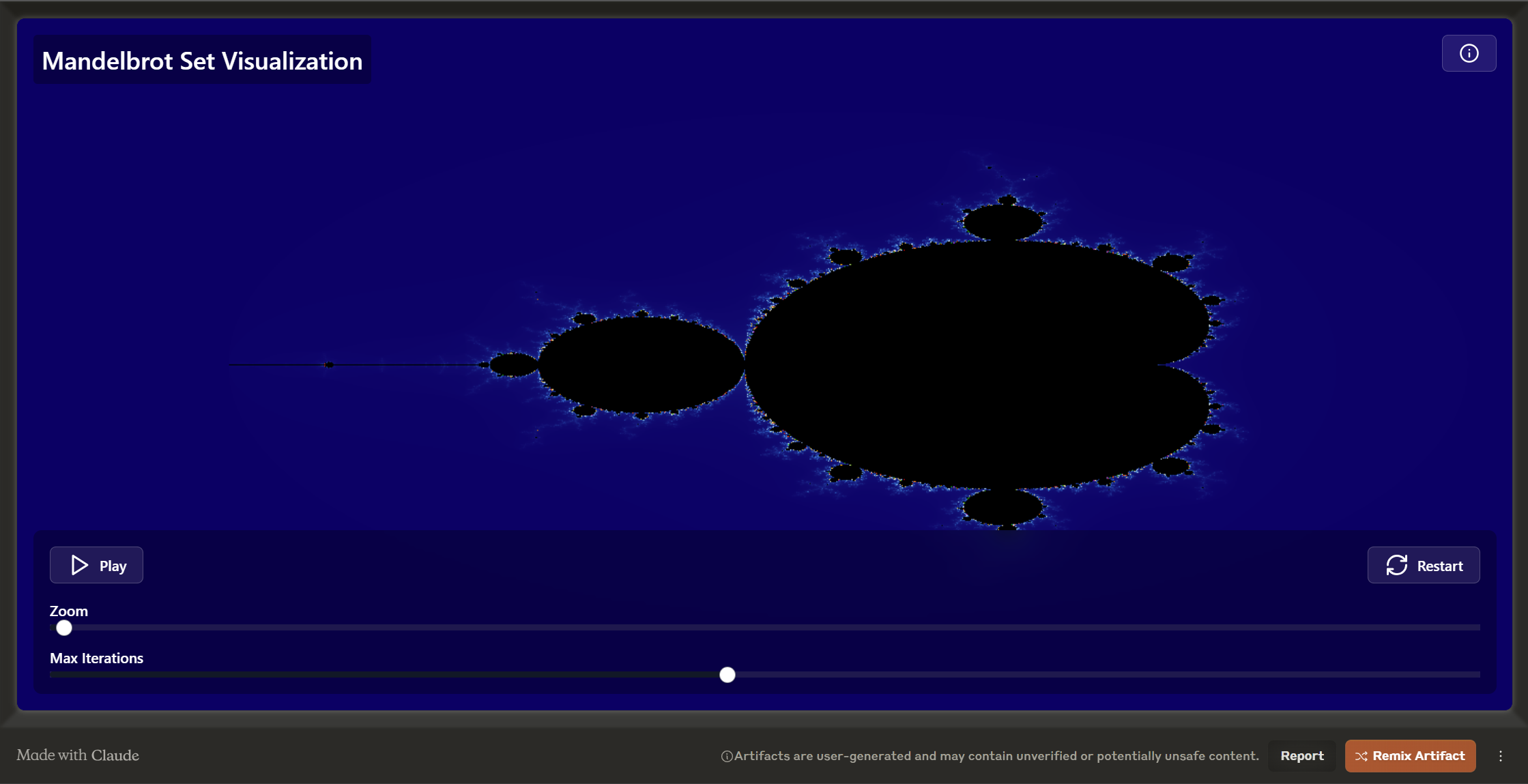 探索令人着迷的Mandelbrot可视化器，这是一款展示分数形几何之美的互动工具。通过我们用户友好的界面发现复杂的模式和无限的复杂性。对于爱好者和数学家来说，毫不费力地深入研究分数形艺术的深处。今天就使用我们的曼德布罗特可视化器拥抱数学可视化的奇迹。